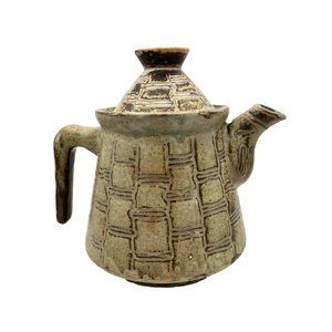 Art Studio Pottery Teapot Earthy Green And Brown Glaze Unique Handle Stoneware